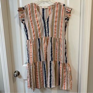 LOFT Vertically striped Flared Bottom Ruffled Sleeve Flared Bottom Size Med